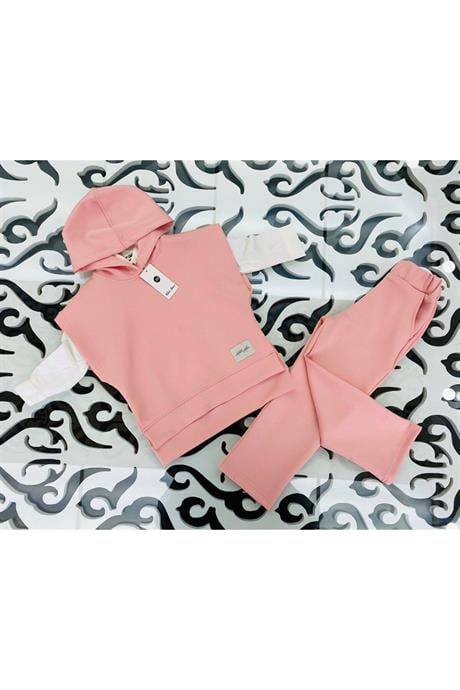 Kız Çocuk Scuba Kumaş Kısa Kollu Sweatshirt Beyaz Gömlek Lastikli Pantolon 3'lü Takım Pembe 10 Yaş