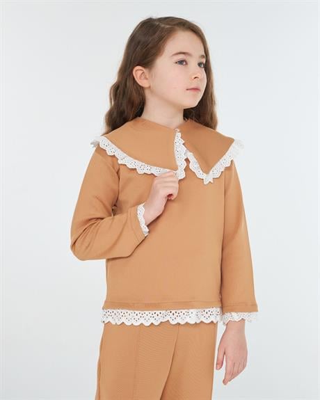 Kız Çocuk Seyyar Yaka Bluz Brode Detaylı 2'li Takım Kahverengi 10 Yaş