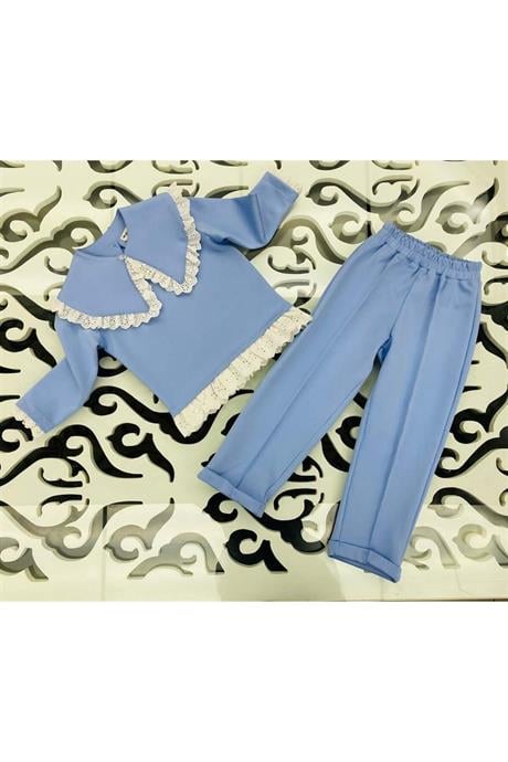 Kız Çocuk Seyyar Yaka Bluz Brode Detaylı 2'li Takım Mavi 12 Yaş