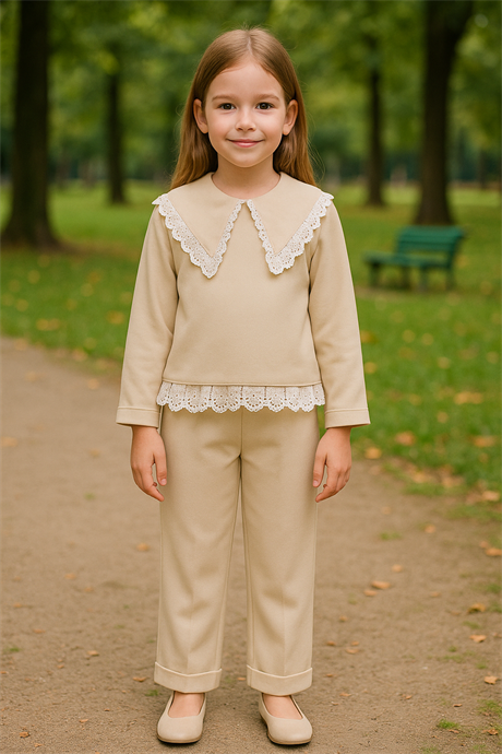 Kız Çocuk Seyyar Yaka Bluz Brode Detaylı 2'li Takım Krem 2-4 Yaş