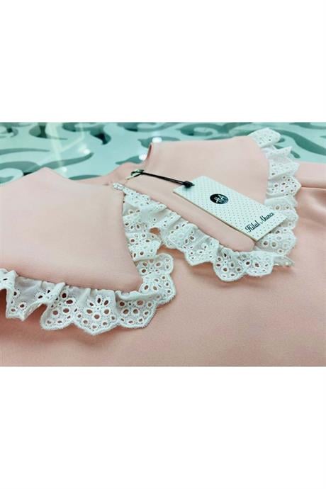 Kız Çocuk Seyyar Yaka Bluz Brode Detaylı 2'li Takım Pudra 2-4 Yaş