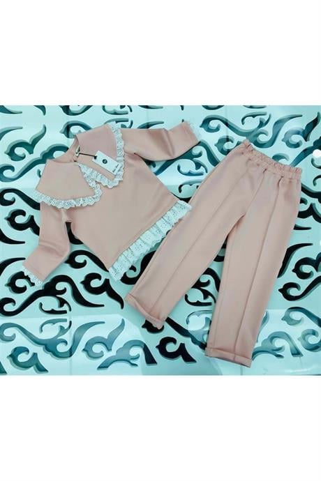 Kız Çocuk Seyyar Yaka Bluz Brode Detaylı 2'li Takım Pudra 4 Yaş