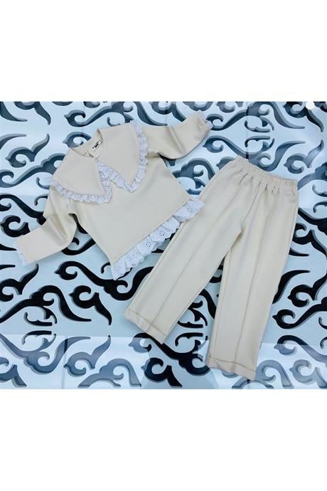 Kız Çocuk Seyyar Yaka Bluz Brode Detaylı 2'li Takım Krem 2-4 Yaş