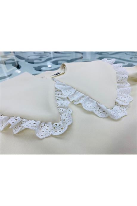 Kız Çocuk Seyyar Yaka Bluz Brode Detaylı 2'li Takım Krem 10 Yaş