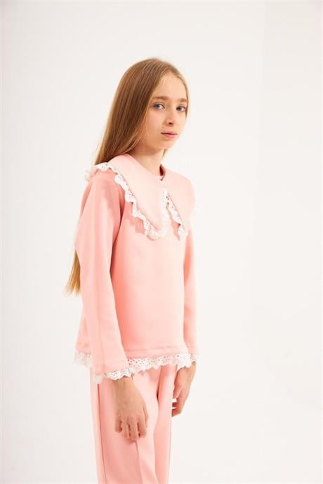 Kız Çocuk Seyyar Yaka Bluz Brode Detaylı 2'li Takım Pudra 8 Yaş