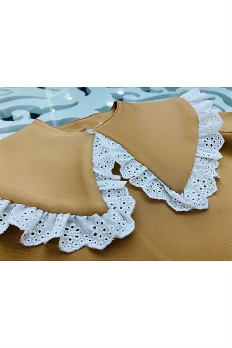 Kız Çocuk Seyyar Yaka Bluz Brode Detaylı 2'li Takım Kahverengi 8 Yaş