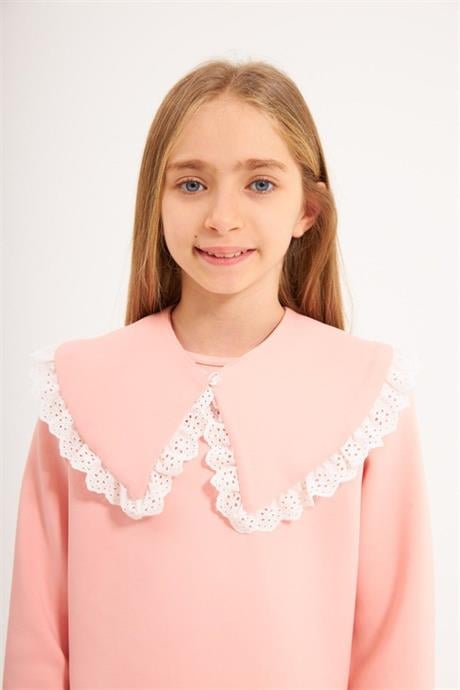 Kız Çocuk Seyyar Yaka Bluz Brode Detaylı 2'li Takım Pudra 6 Yaş