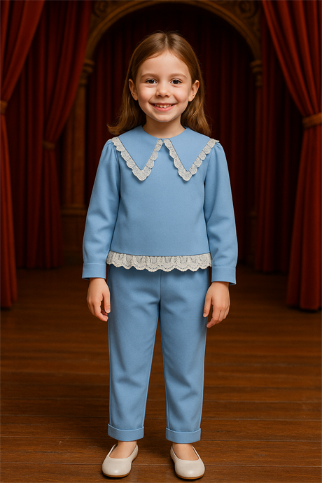 Kız Çocuk Seyyar Yaka Bluz Brode Detaylı 2'li Takım Mavi 6 Yaş