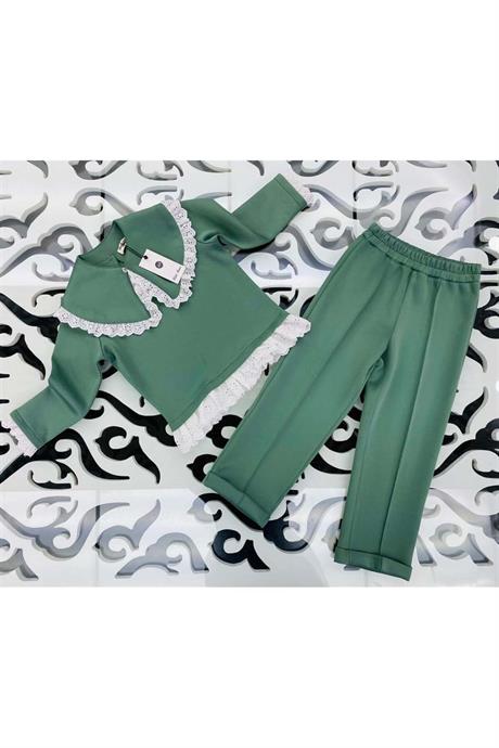 Kız Çocuk Seyyar Yaka Bluz Brode Detaylı 2'li Takım Yeşil 2-4 Yaş