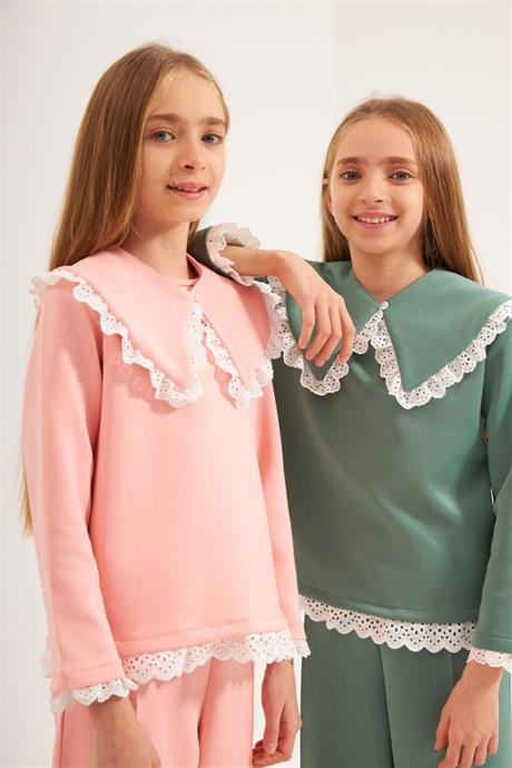 Kız Çocuk Seyyar Yaka Bluz Brode Detaylı 2'li Takım Yeşil 10 Yaş
