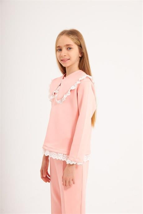 Kız Çocuk Seyyar Yaka Bluz Brode Detaylı 2'li Takım Pudra 4 Yaş