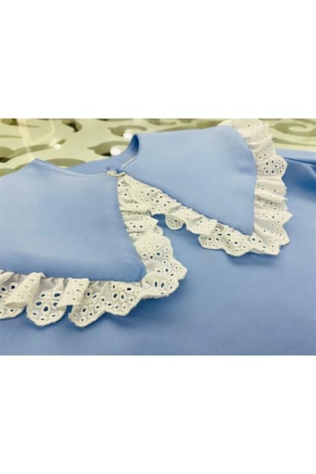 Kız Çocuk Seyyar Yaka Bluz Brode Detaylı 2'li Takım Mavi 10 Yaş