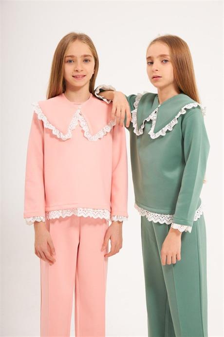 Kız Çocuk Seyyar Yaka Bluz Brode Detaylı 2'li Takım Yeşil 4 Yaş