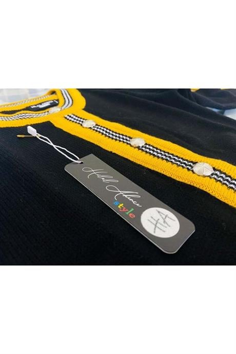 Kız Çocuk Sıfır Yaka Triko Hırka Çizgili Etek Bere 3'lü Takım Siyah 14 Yaş