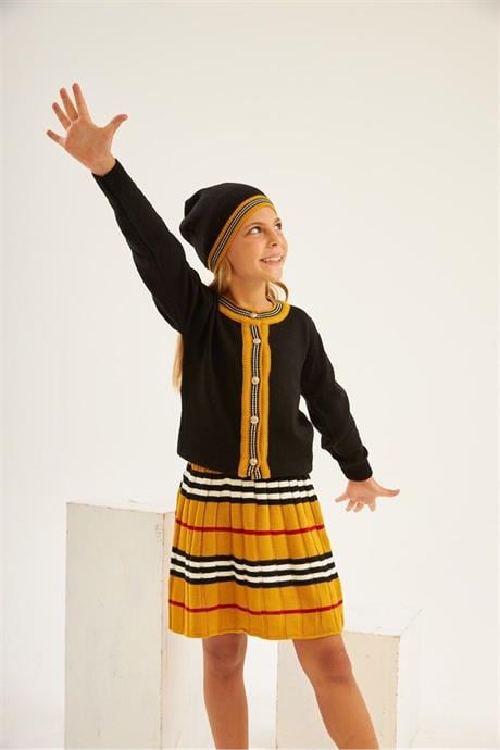 Kız Çocuk Sıfır Yaka Triko Hırka Çizgili Etek Bere 3'lü Takım Siyah 14 Yaş