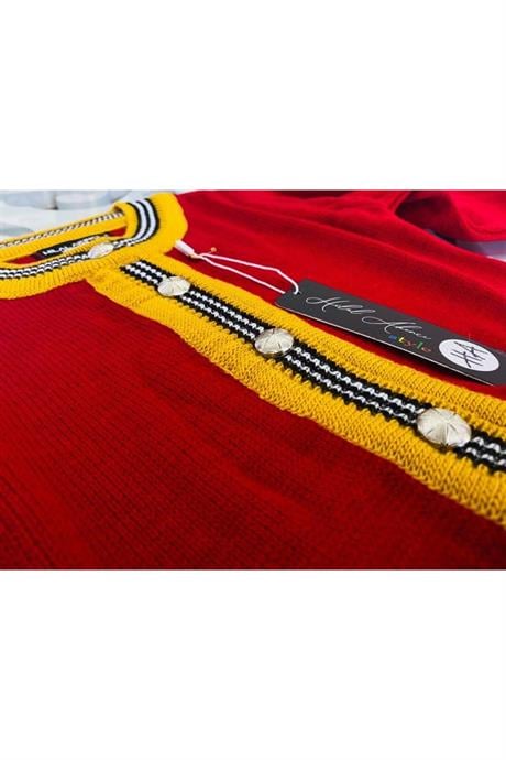 Kız Çocuk Sıfır Yaka Triko Hırka Çizgili Etek Bere 3'lü Takım Kırmızı 6 Yaş