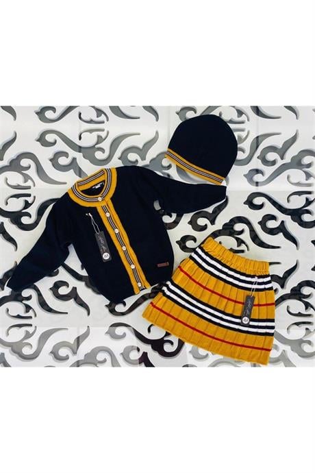 Kız Çocuk Sıfır Yaka Triko Hırka Çizgili Etek Bere 3'lü Takım Siyah 14 Yaş