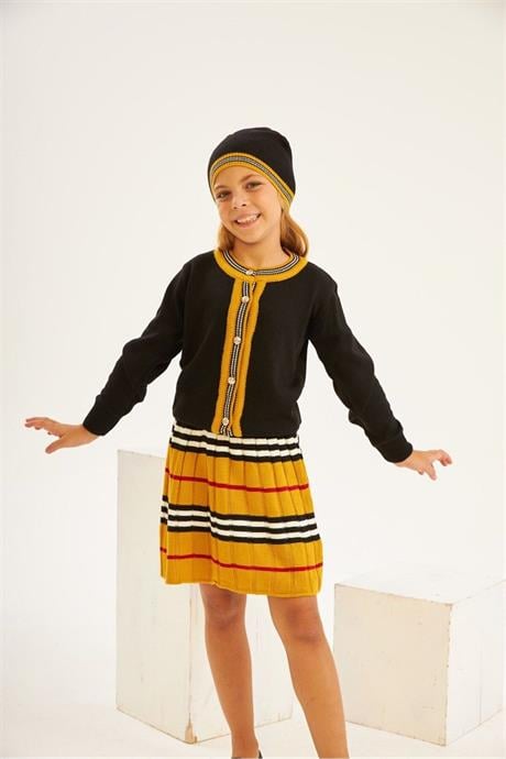 Kız Çocuk Sıfır Yaka Triko Hırka Çizgili Etek Bere 3'lü Takım Siyah 14 Yaş