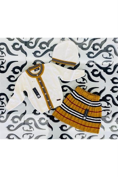 Kız Çocuk Sıfır Yaka Triko Hırka Çizgili Etek Bere 3'lü Takım Beyaz 4 Yaş