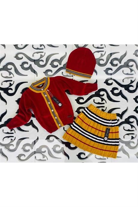 Kız Çocuk Sıfır Yaka Triko Hırka Çizgili Etek Bere 3'lü Takım Kırmızı 12 Yaş