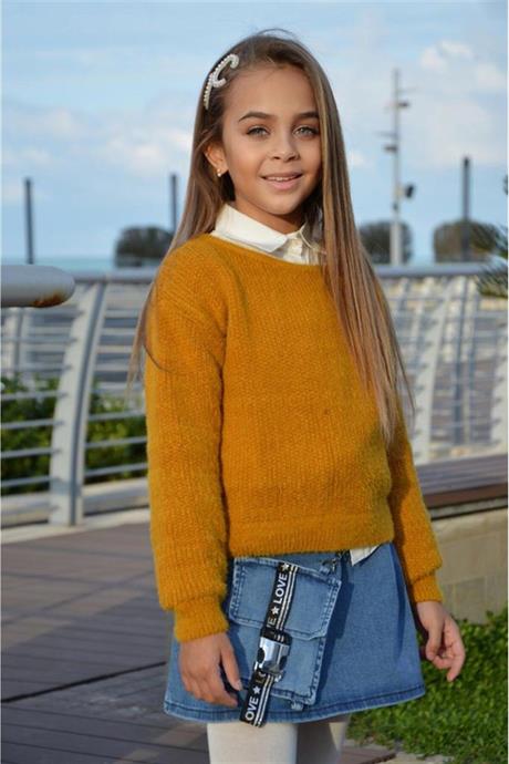 Kız Çocuk Sıfır Yaka Triko Kazak Beyaz Gömlek Cepli Kot Etek Üçlü Takım HARDAL 12 Yaş