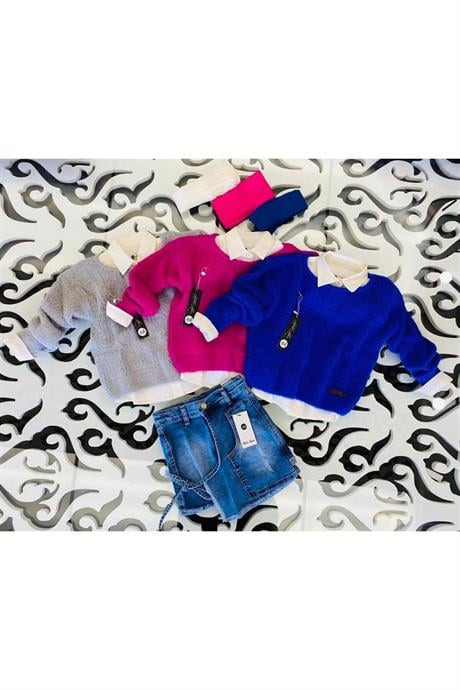 Kız Çocuk Sıfır Yaka Triko Kazak Krem Gömlek Cep Detaylı Kot Etek 3'lü Takım GRİ 4 Yaş