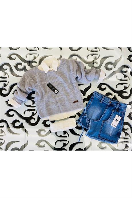 Kız Çocuk Sıfır Yaka Triko Kazak Krem Gömlek Cep Detaylı Kot Etek 3'lü Takım GRİ 10 Yaş