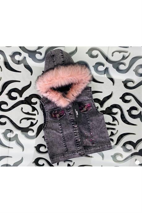 Kız Çocuk Sırtı El Boyamalı Kürklü Kot Yelek PEMBE 12 Yaş