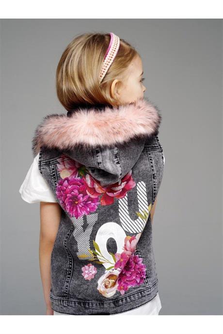 Kız Çocuk Sırtı El Boyamalı Kürklü Kot Yelek PEMBE 6 Yaş