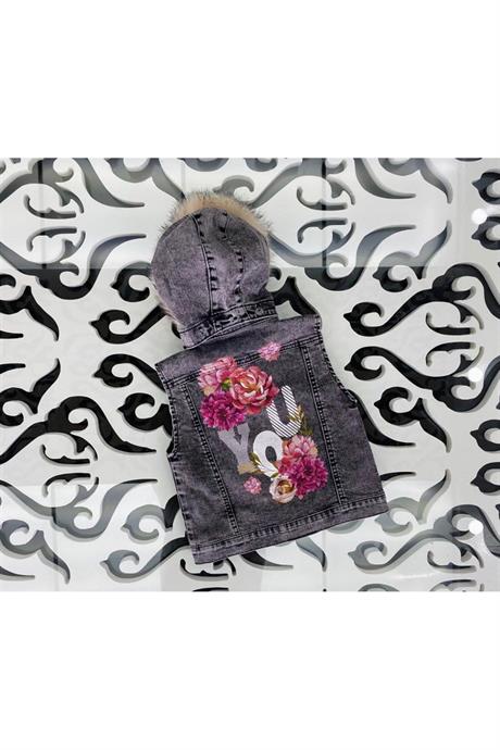 Kız Çocuk Sırtı El Boyamalı Kürklü Kot Yelek KREM 12 Yaş