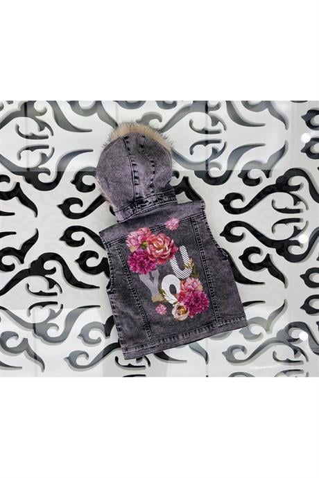 Kız Çocuk Sırtı El Boyamalı Kürklü Kot Yelek KREM 12 Yaş