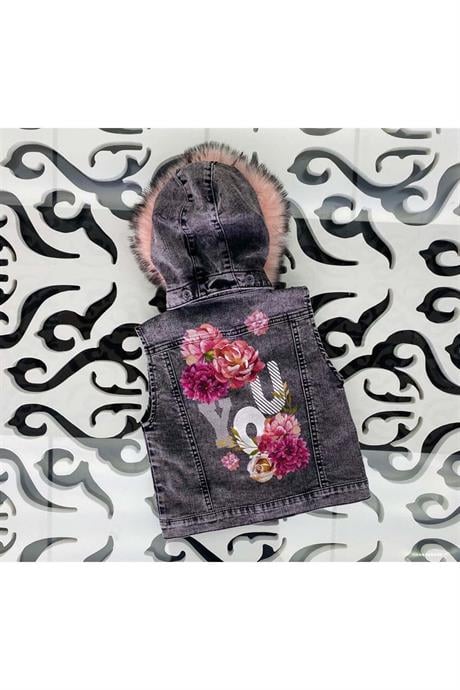 Kız Çocuk Sırtı El Boyamalı Kürklü Kot Yelek PEMBE 14 Yaş