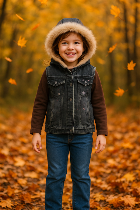 Kız Çocuk Sırtı El Boyamalı Kürklü Kot Yelek KREM 10 Yaş