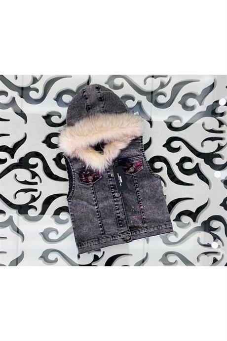 Kız Çocuk Sırtı El Boyamalı Kürklü Kot Yelek