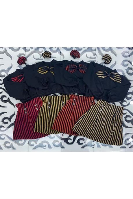 Kız Çocuk Siyah Bluz Çizgili Etek Toka 3'lü Takım Sarı 6 Yaş