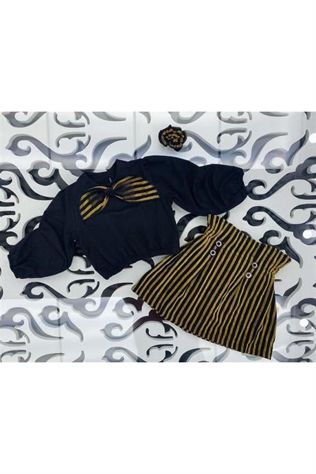 Kız Çocuk Siyah Bluz Çizgili Etek Toka 3'lü Takım Sarı 6 Yaş