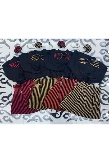 Kız Çocuk Siyah Bluz Çizgili Etek Toka 3'lü Takım Kiremit 8 Yaş
