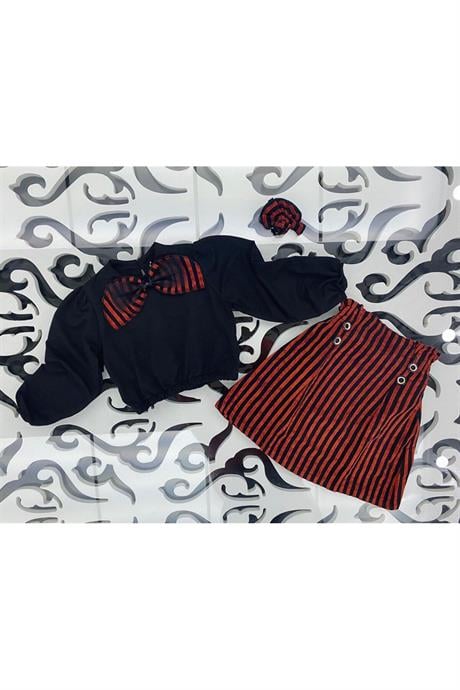 Kız Çocuk Siyah Bluz Çizgili Etek Toka 3'lü Takım Kiremit 8 Yaş