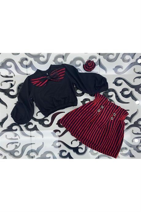 Kız Çocuk Siyah Bluz Çizgili Etek Toka 3'lü Takım Kırmızı 12 Yaş