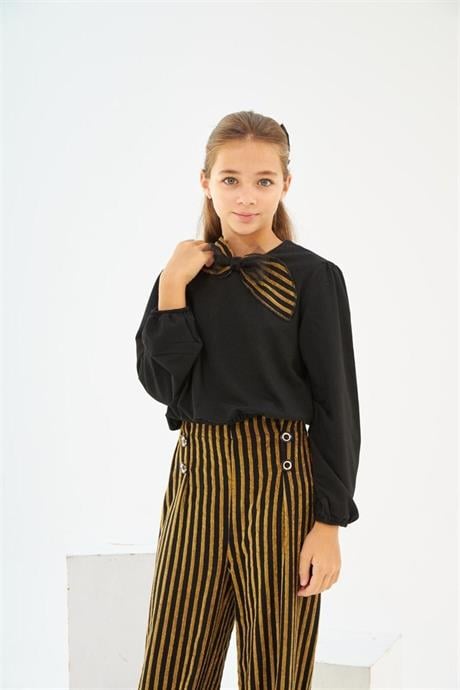 Kız Çocuk Siyah Bluz Çizgili Pantolon Toka 3'lü Takım Sarı 12 Yaş