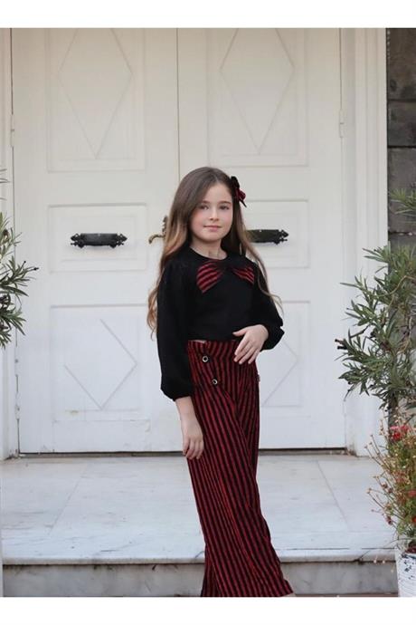 Kız Çocuk Siyah Bluz Çizgili Pantolon Toka 3'lü Takım Kırmızı 12 Yaş