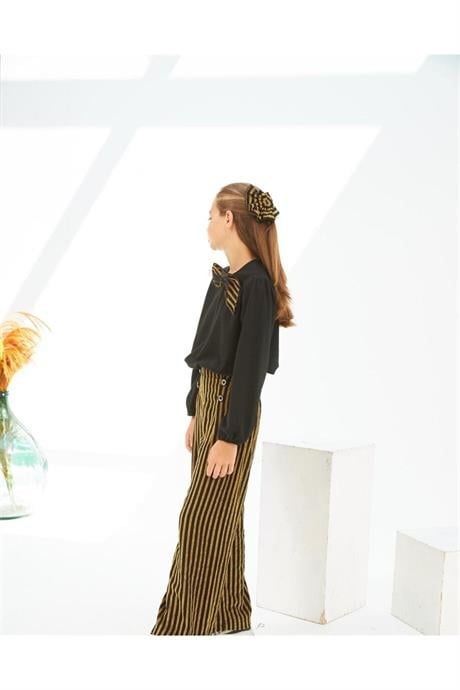 Kız Çocuk Siyah Bluz Çizgili Pantolon Toka 3'lü Takım Sarı 8 Yaş