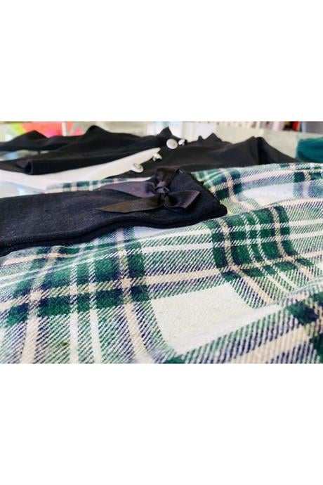 Kız Çocuk Siyah Ceket Beyaz Bluz Kareli Etek Boyunluk Çorap 5'li Takım Yeşil 12 Yaş