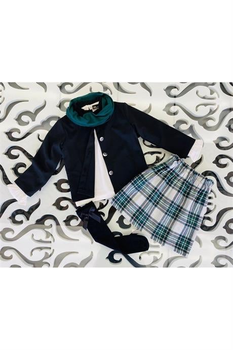 Kız Çocuk Siyah Ceket Beyaz Bluz Kareli Etek Boyunluk Çorap 5'li Takım Yeşil 4 Yaş