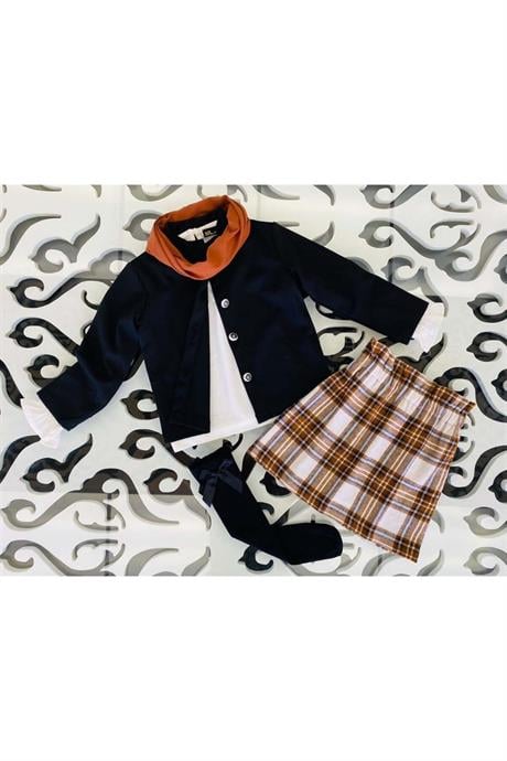 Kız Çocuk Siyah Ceket Beyaz Bluz Kareli Etek Boyunluk Çorap 5'li Takım Kahverengi 8 Yaş