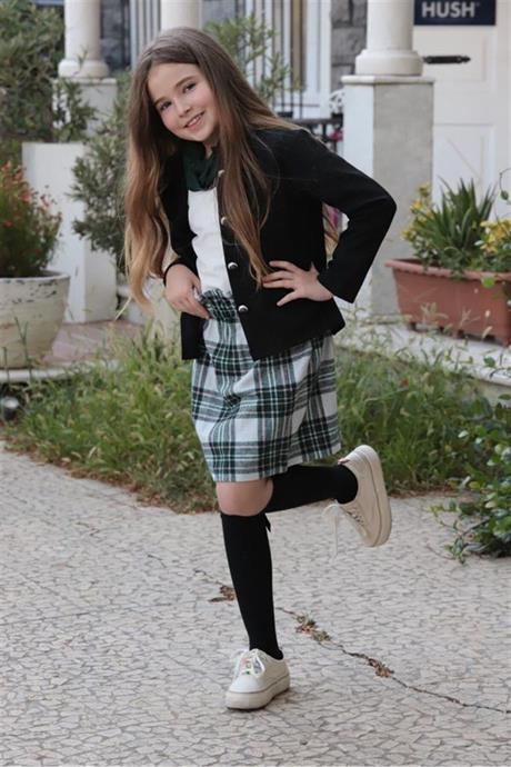 Kız Çocuk Siyah Ceket Beyaz Bluz Kareli Etek Boyunluk Çorap 5'li Takım Yeşil 6 Yaş