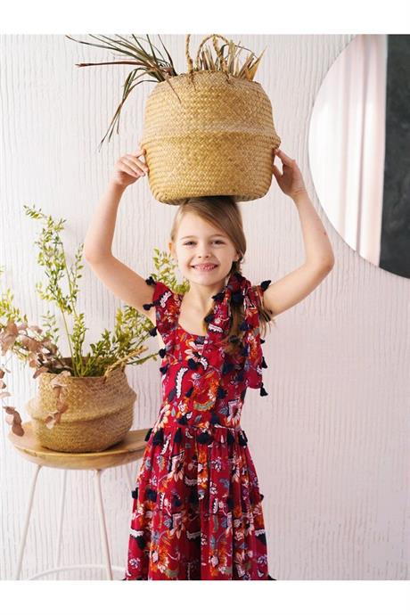 Kız Çocuk Siyah Püsküllü Pamuk Viskon Elbise KIRMIZI 12 Yaş