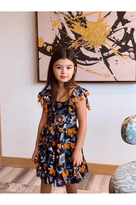 Kız Çocuk Siyah Püsküllü Pamuk Viskon Elbise SİYAH 14 Yaş