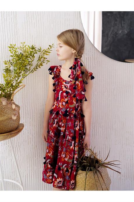 Kız Çocuk Siyah Püsküllü Pamuk Viskon Elbise KIRMIZI 4 Yaş