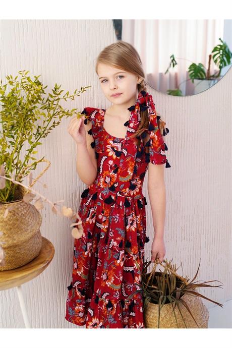 Kız Çocuk Siyah Püsküllü Pamuk Viskon Elbise KIRMIZI 14 Yaş